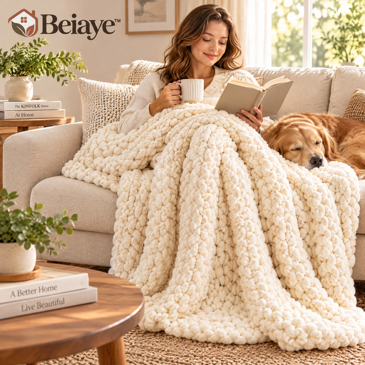 Beiaye™ CloudSoft Chunky Knit Throw Blanket — styled room view