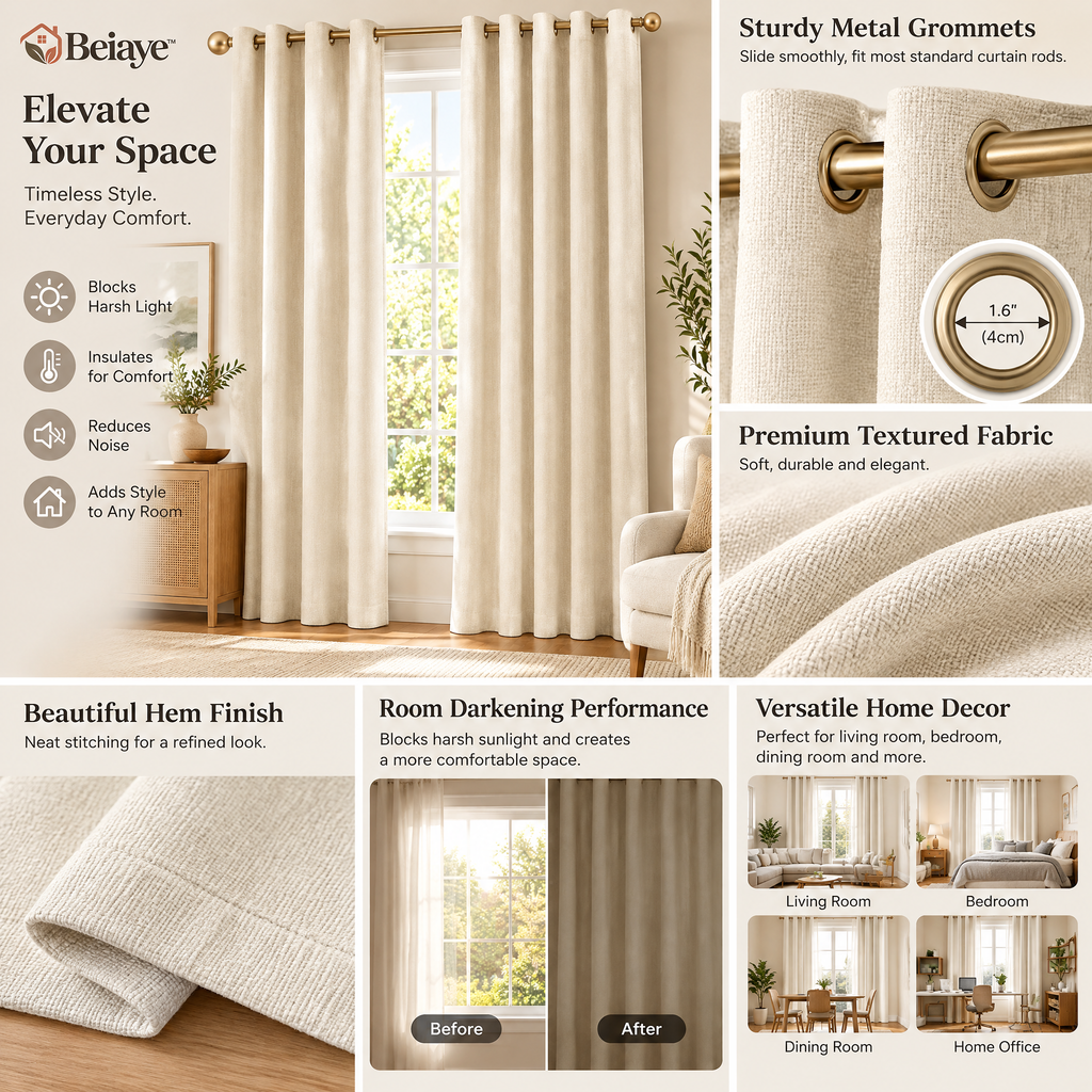 Beiaye™ Serenity Textured Blackout Curtain Pair — styled room view
