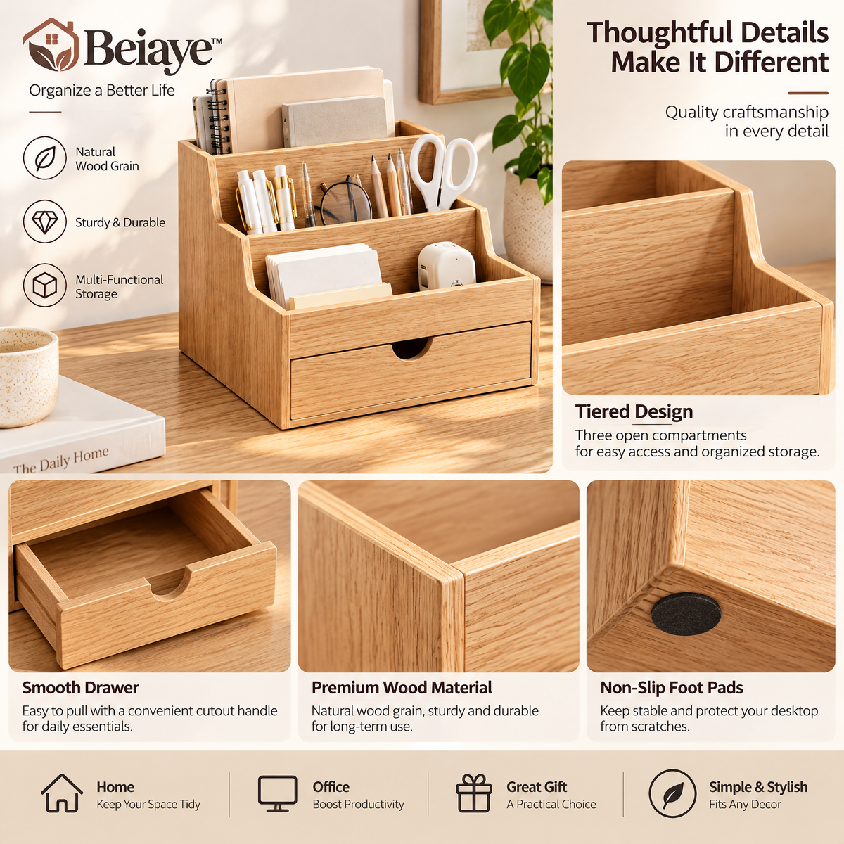 Beiaye™ Tiered Oak Desktop Organizer — details and features