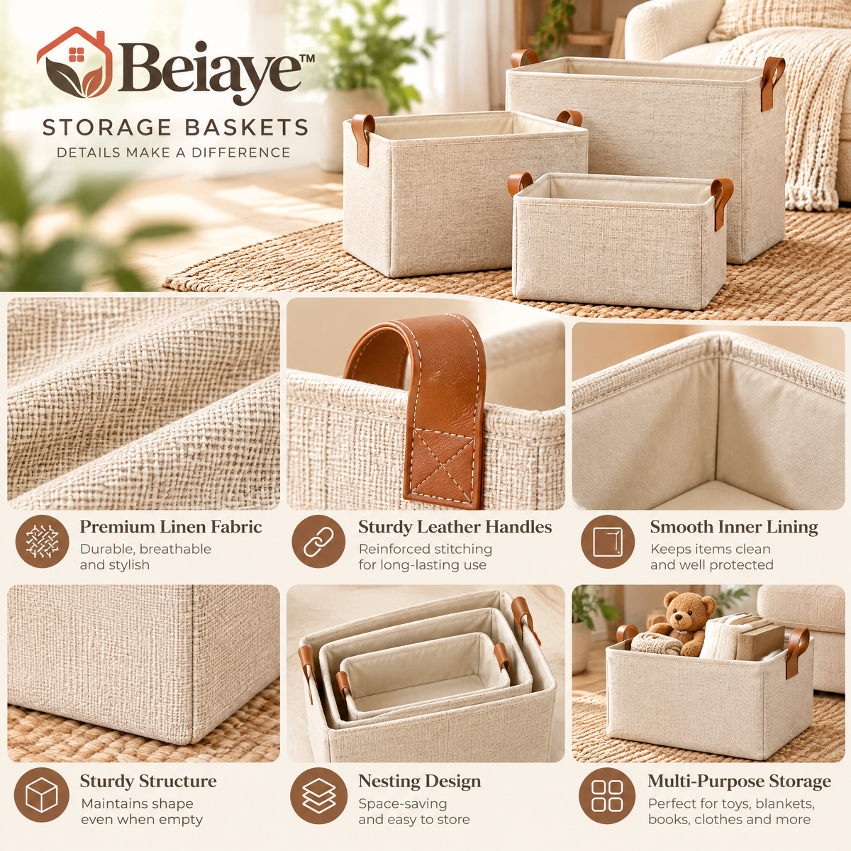 Beiaye™ Nesting Fabric Storage Bin Set — styled room view