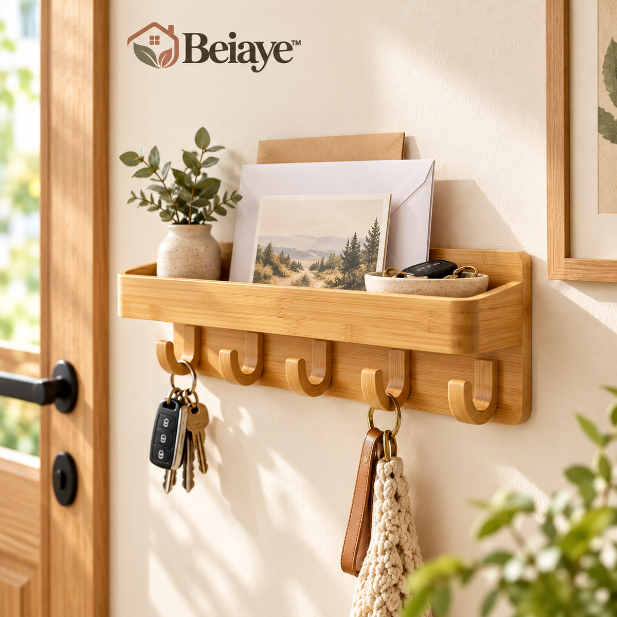Beiaye™ Bamboo Entryway Mail & Key Rack — branded product overview