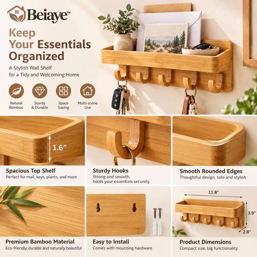 Beiaye™ Bamboo Entryway Mail & Key Rack — lifestyle view
