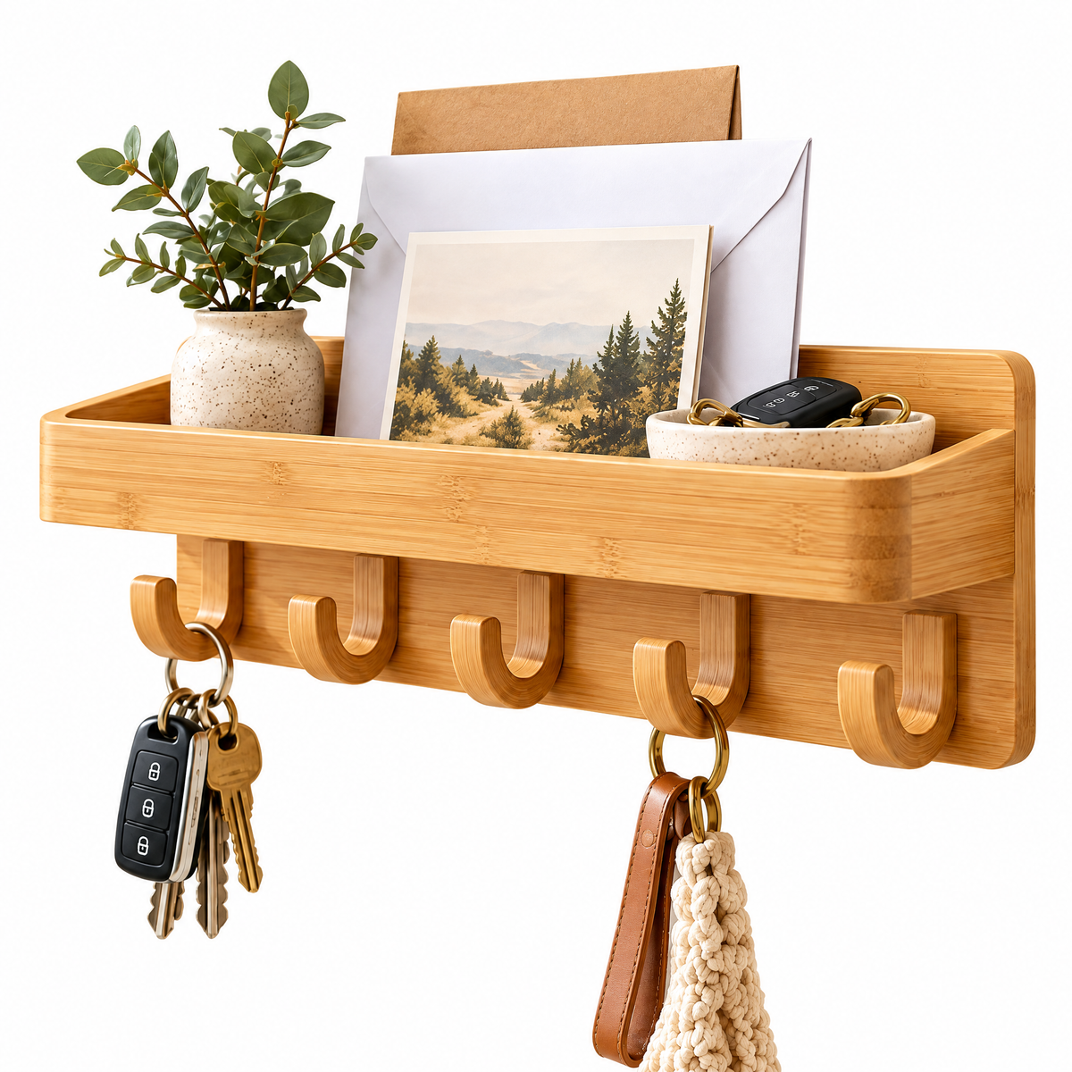 Beiaye™ Bamboo Entryway Mail & Key Rack — details and features