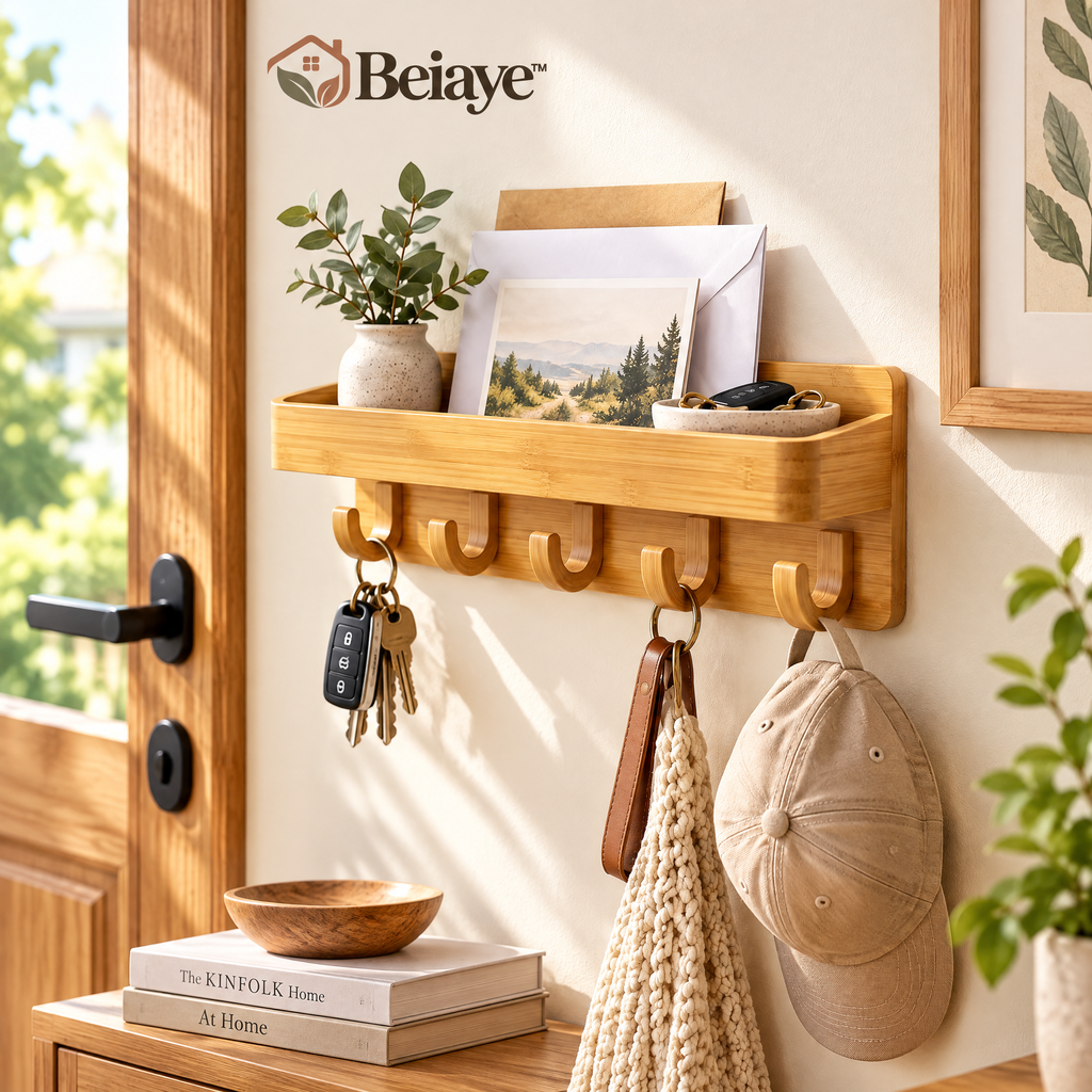 Beiaye™ Bamboo Entryway Mail & Key Rack — styled room view