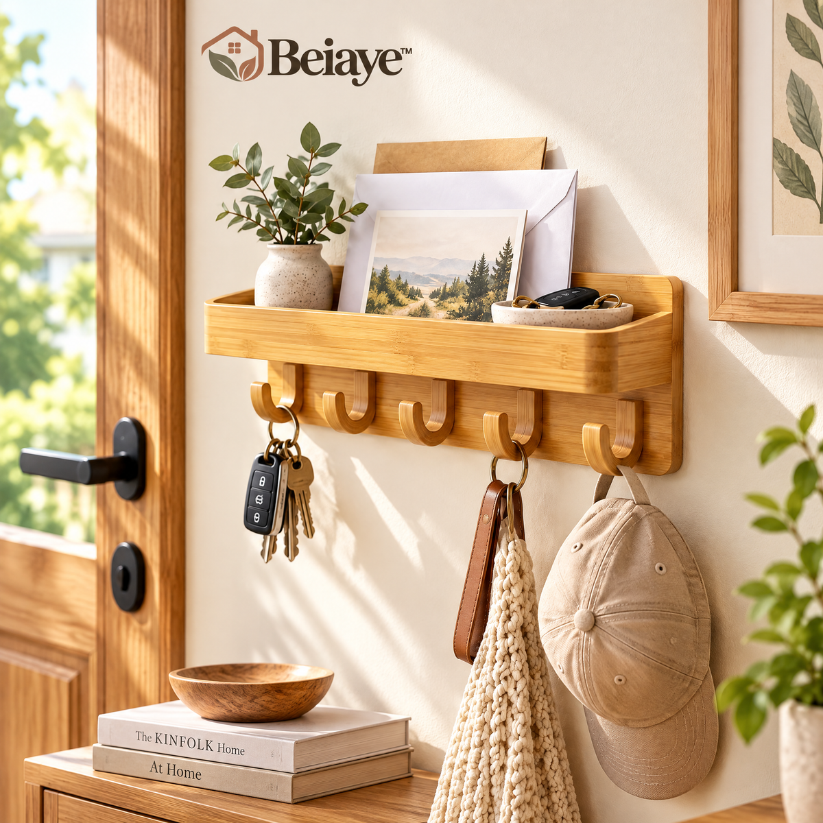 Beiaye™ Bamboo Entryway Mail & Key Rack — styled room view