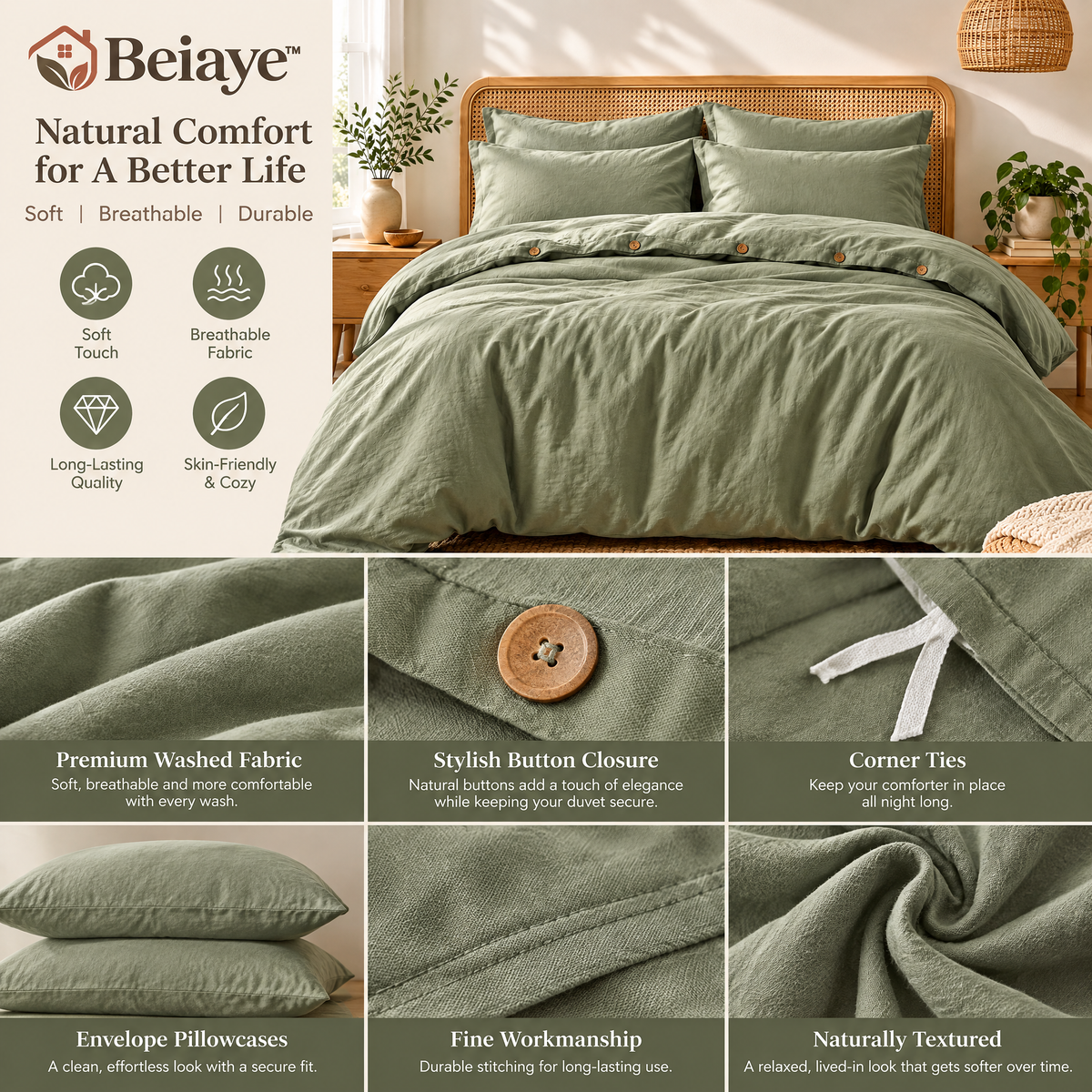 Beiaye™ Meadow Washed-Cotton Duvet Cover Set — styled room view